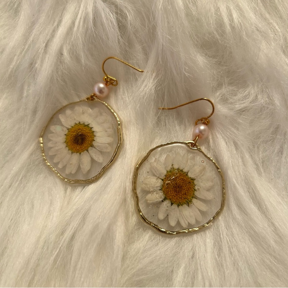 Gold and White Floral Earrings